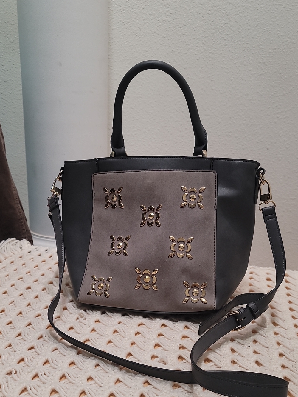 Kate Landry Black and Gray Floral Metal Accent Shoulder Bag